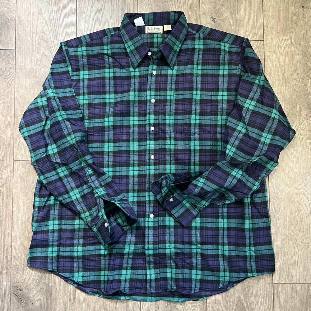 Vintage LL Bean Plaid Button Down Mens XXL 100% Cotton‎ Shirt Green Blue Soft